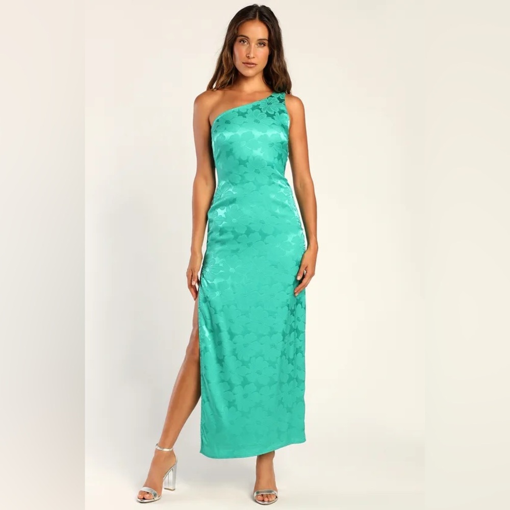 NWT Lulus Chasing Desire Teal Green Satin Jacquard One-Shoulder Maxi Dress - Picture 3 of 8